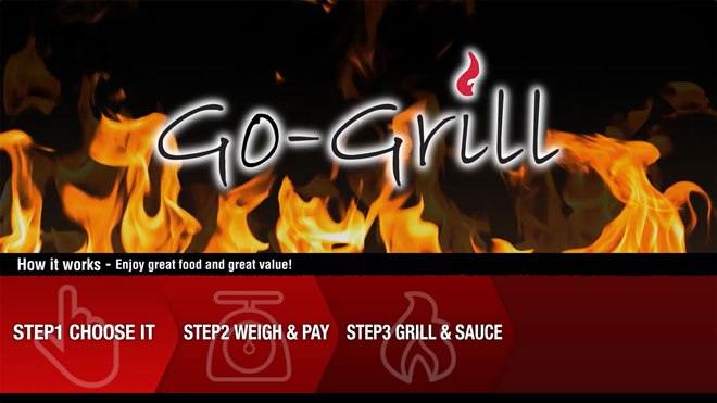 Digital menu board design for go-grill a food court restaurant detailing the order process