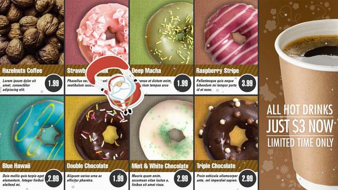 Digital menu board for donuts with santa parachuting for a Christmas design