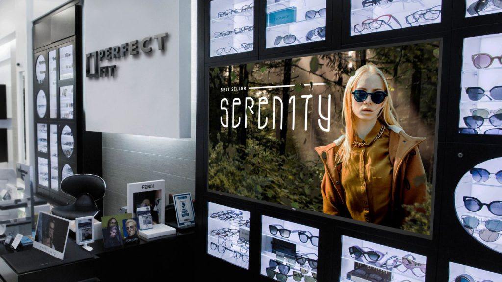 Digital Signage TV showing a branding design for eyeglass frames in an optometry or optical retail location