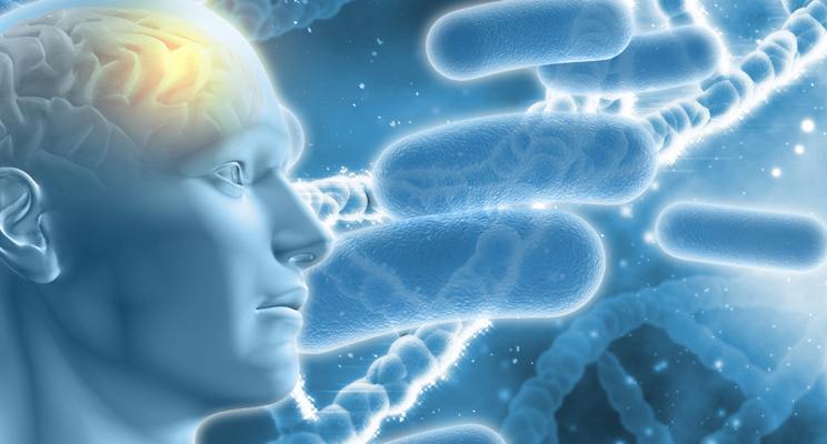 Illustrated drawing of a human face with the brain illuminated with cells and DNA in the background