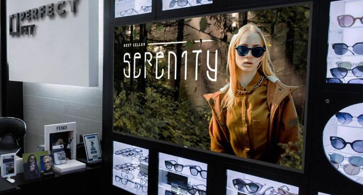 Digital Signage TV showing a branding design for eyeglass frames in an optometry or optical retail location