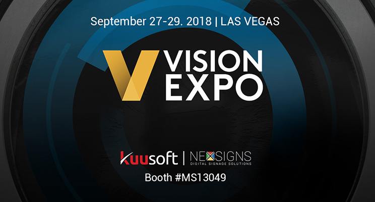 Vision Expo West 2018 banner with optical design event details and Kuusoft's booth #MS13049 are detailed