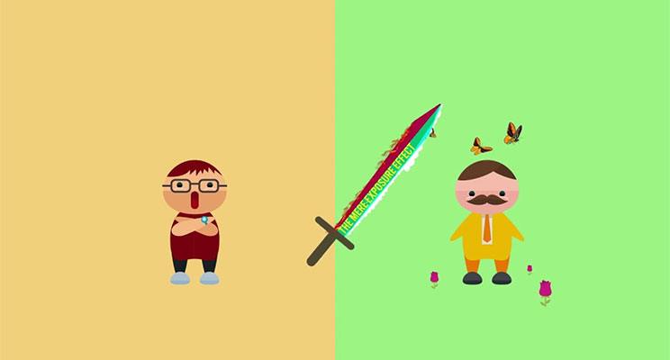A sword with mere exposure on it swings between two cartoon men