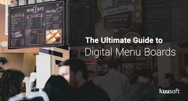 Text in the foreground "The Ultimate Guide to Digital Menu Boards" with a cafe background with digital menu boards installed