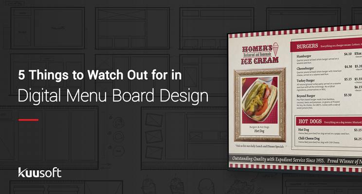 Text reading five things to watch out for when designing a digital menu board with a digital menu board to the right