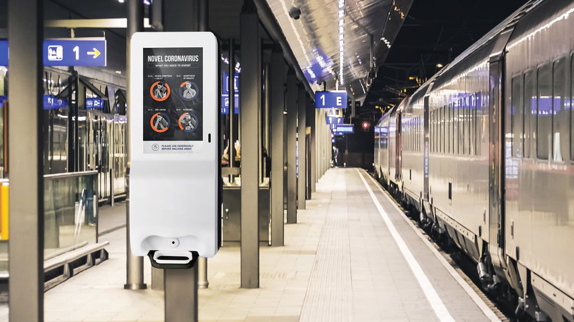 a digital signage kiosk in a skytrain station