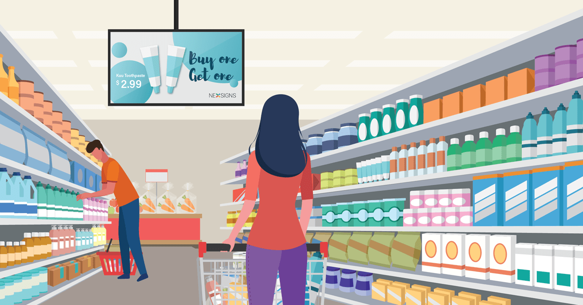 a women looking at digital signage in retail supermarket, product placement on shelves