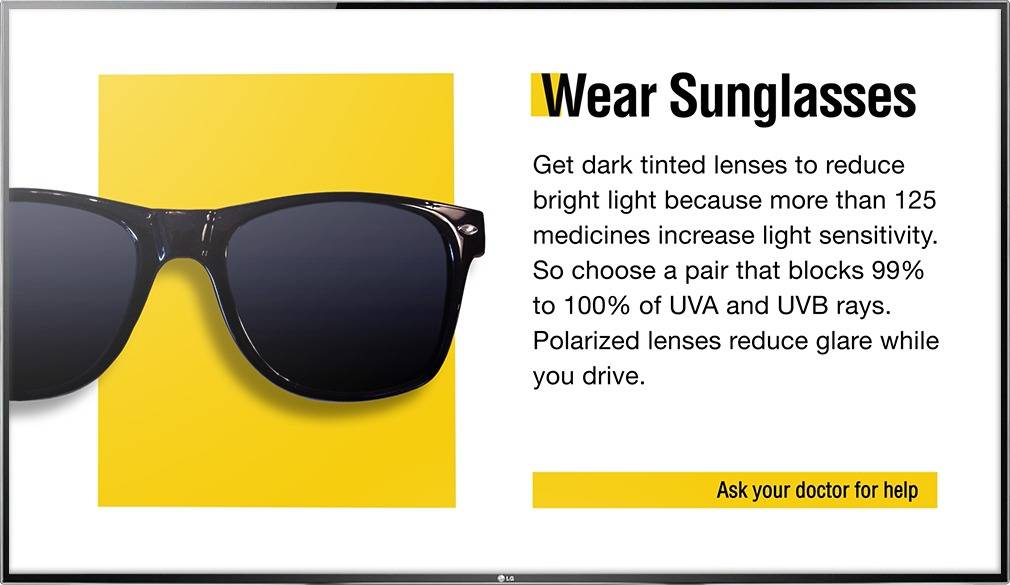 Digital signage TV display showing an Optical Content Library advice design on sunglasses and UVA and UVB rays