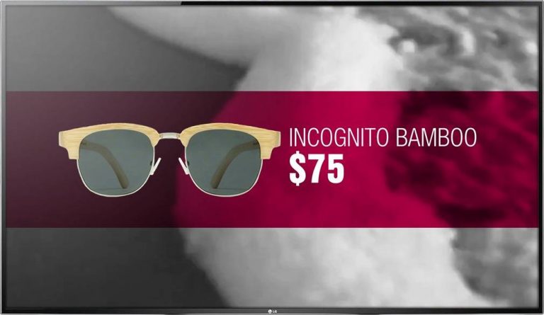 Digital signage TV display showing a promotional design for Incognito Bamboo glasses