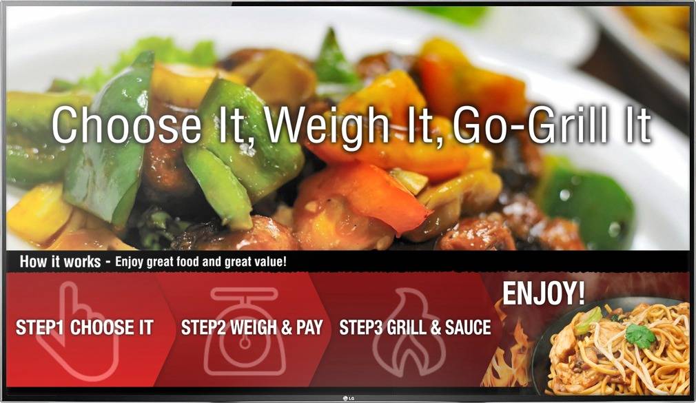 Digital Menu Board TV display for food court restaurant Go-Grill walking customers through the ordering process