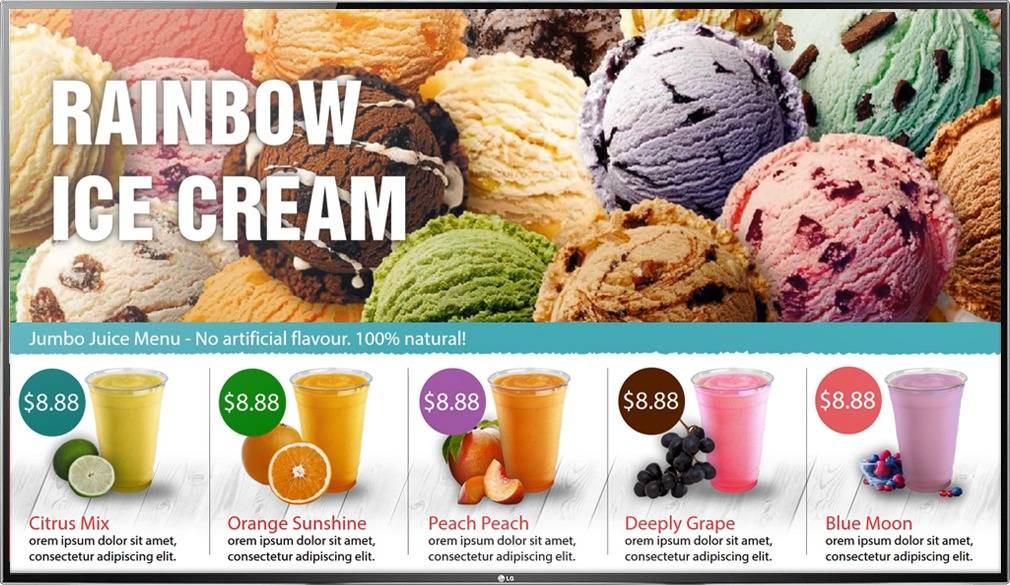 Digital Menu Board TV display for a quick service ice cream, smoothie, juice restaurant with photos