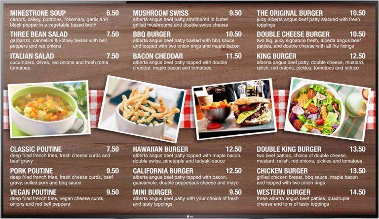 Digital Menu Board TV display for a quick service burger restaurant with photos of menu items