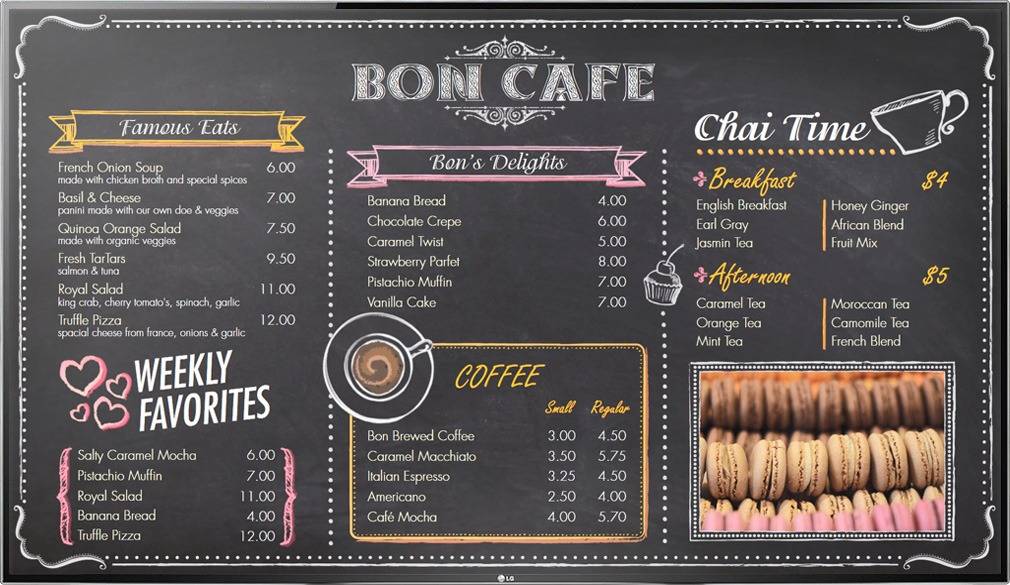 Digital Menu Board TV display for a cafe with menu items like coffee, soup,...