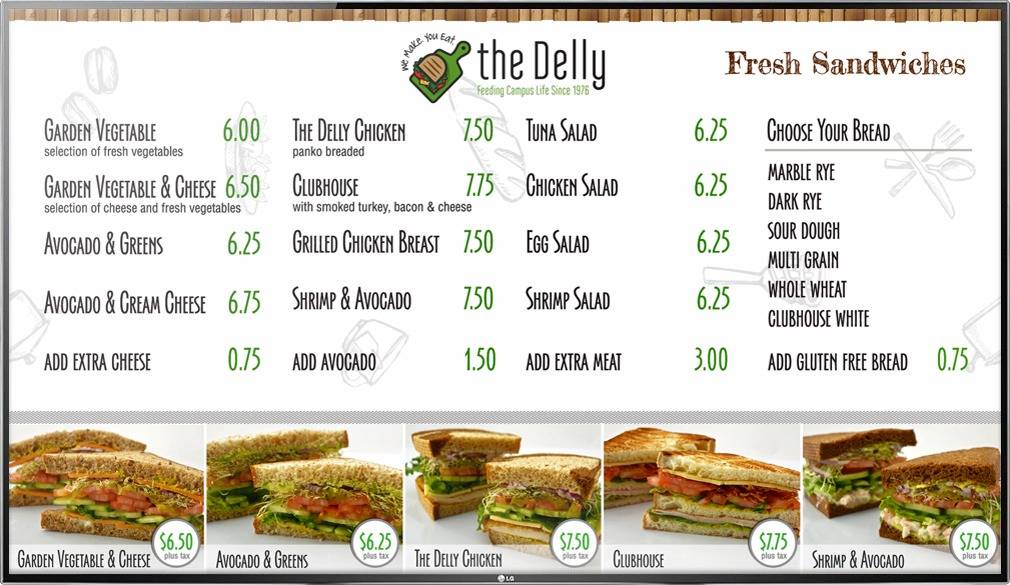 Digital Menu Board TV display for a quick service deli restaurant the Delly with photos of menu items