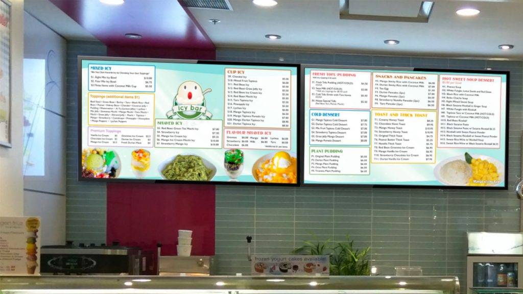Digital menu boards for Icy Bar, an Asian desert restaurant, design by Kuusoft and operating on NexSigns