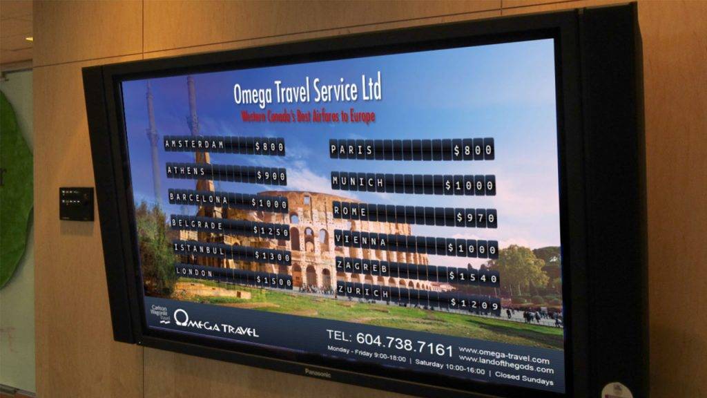 Digital signage TV display for Omega Travel agency with prices for flights to Europe in a ticker board style