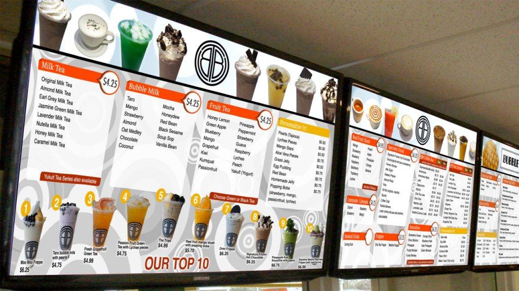 Digital menu boards for The Bubble Tea Shop, a bubble tea restaurant, design by Kuusoft and operating on NexSigns