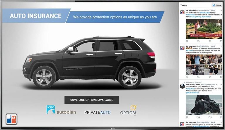 Digital signage TV design for auto insurance detailing coverage options with a live Twitter feed on the side