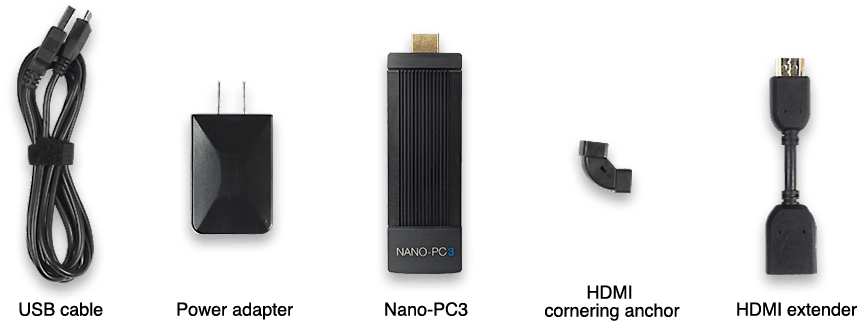 What is in Nano-PC3 box a USB cable, power adapter, Nano-PC3, HDMI cornering anchor, and HDMI extender