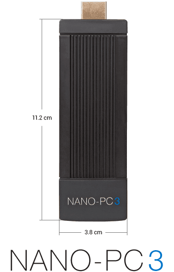 Nano-PC3 digital signage player and computer with length and width dimensions and Nano-PC3 written underneath it