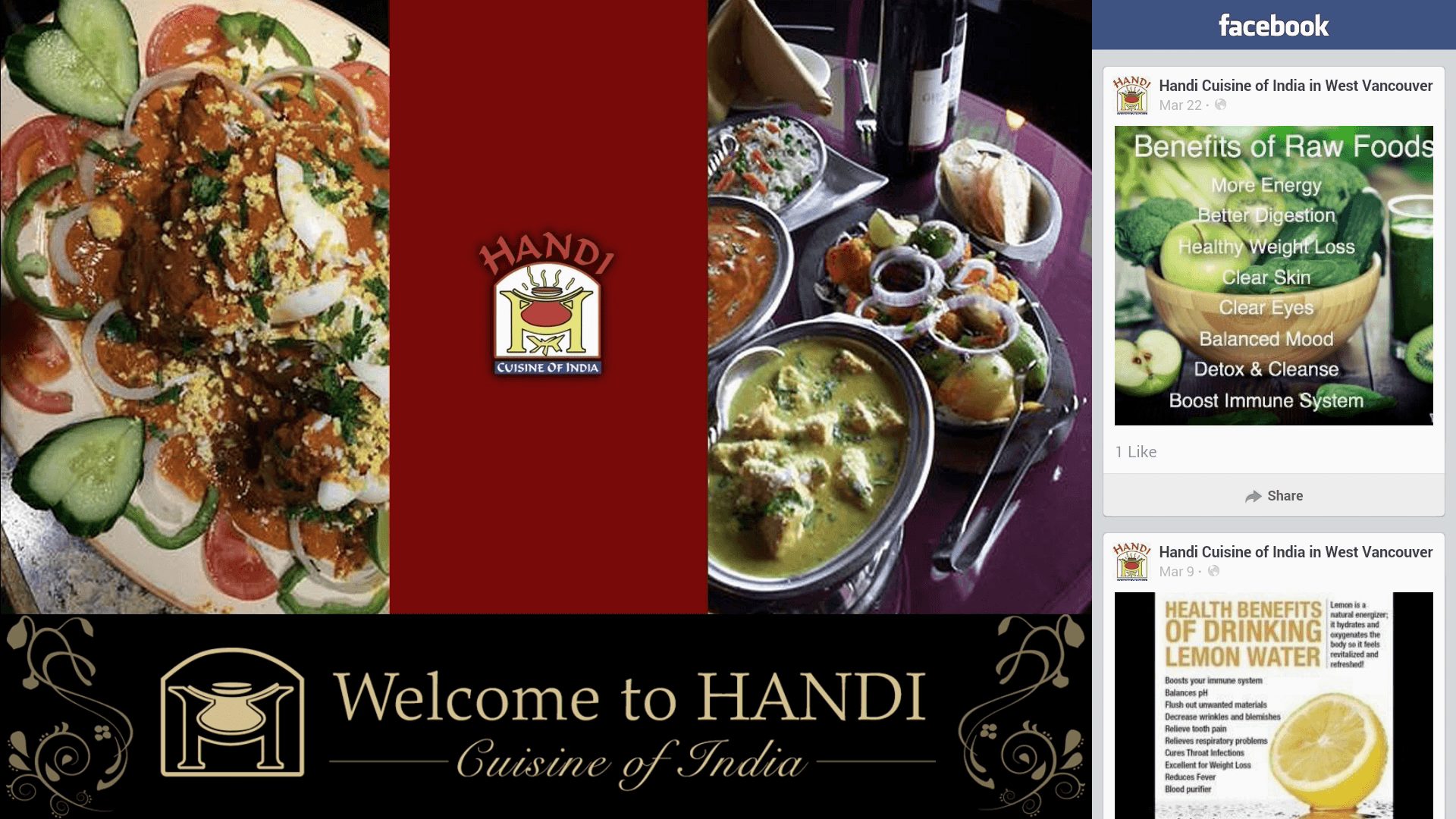 a digital signage for Indian cuisine, with branding and facebook feed