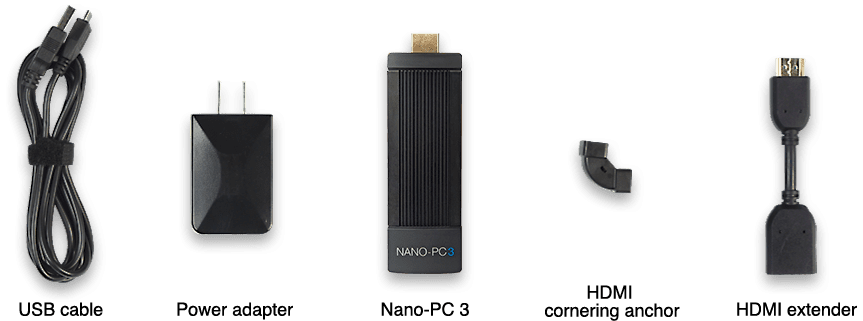 What is in Nano-PC3 box a USB cable, power adapter, Nano-PC3, HDMI cornering anchor, and HDMI extender
