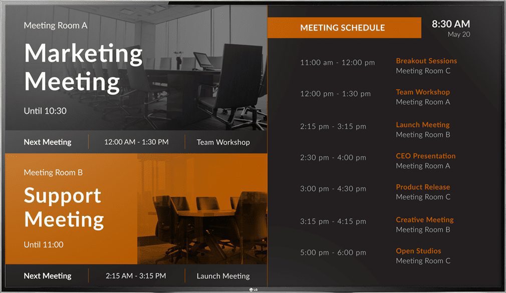 Meeting schedule board and occupied rooms for internal communications