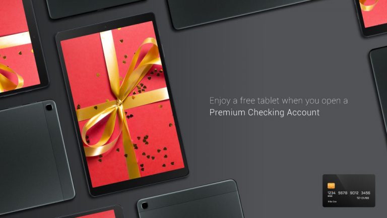 Banking digital signage with an offer for a free tablet